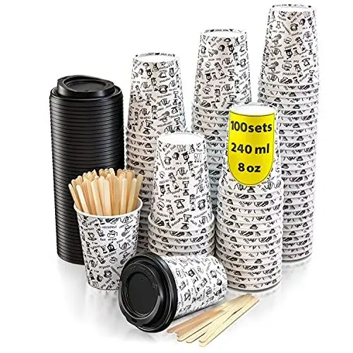 Produktbild: CupCup 100 Pappbecher 240ml mit Deckel und Holz Rührstäbchen - Kaffeebecher to Go Zum Servieren von Kaffee, Tee, heißen und kalten Getränken