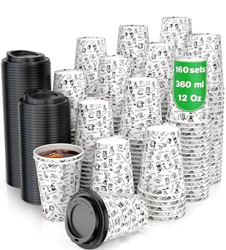 Produktbild: CupCup 160 Pappbecher 360ml 12 Oz mit Deckel und Holz Rührstäbchen - Kaffeebecher to Go Zum Servieren von Kaffee, Tee, heißen und kalten Getränken