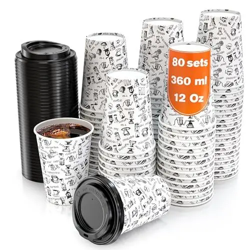 Produktbild: CupCup 80 Pappbecher 360ml 12 Oz mit Deckel - Kaffeebecher to Go Zum Servieren von Kaffee, Tee, heißen und kalten Getränken
