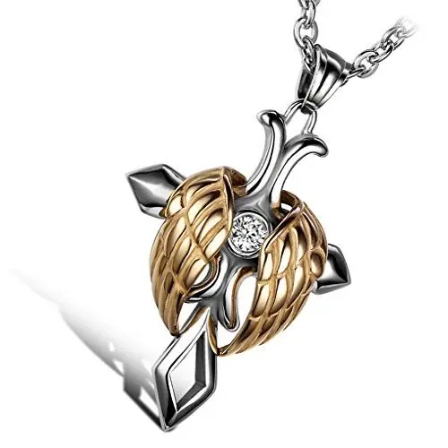 Produktbild: Cupimatch Kreuz Halskette Herren Engelsflügel Feder Edelstahl Kette mit Zirkonia Anhänger 55cm