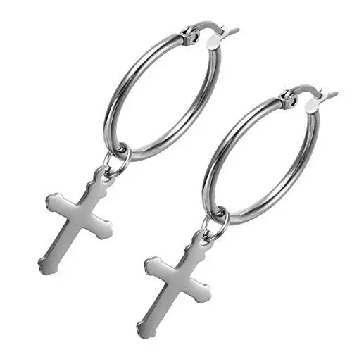 Produktbild: Cupimatch Unisex Kreuz Ohrringe Ohrstecker Edelstahl Silber, religiöse Creolen mit Kruzifix-Anhänger, geschenk für Frauen/Männer
