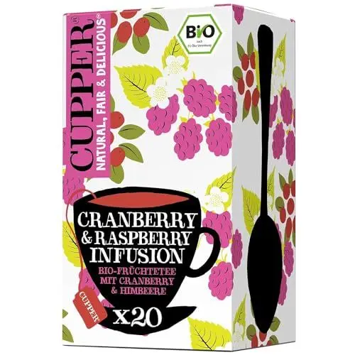 Produktbild: Cupper Bio Früchtetee Cranberry Rasperry, 20 ungebleichte Teebeutel, umweltfreundlich, fair gehandelt