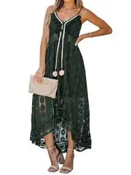 Produktbild: CUPSHE Ärmelloses V-Ausschnitt Quaste Rüschen Kleid für Frauen Lace Up Smocking Rüschen Maxikleid, Dunkelgrün, S, CAA05A2E063RPS