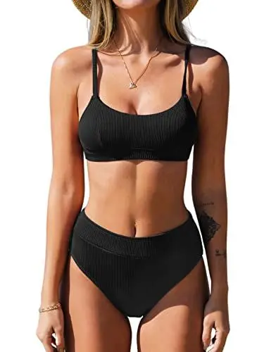 Produktbild: CUPSHE Damen-Bikini-Set, zweiteiliger Badeanzug, hohe Taille, U-Ausschnitt, Bademode, Schwarz, XL