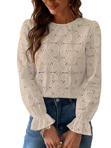 Produktbild: CUPSHE Damen Bluse Blumen Cutout Rundhalsausschnitt Langarm Rüschen Oberteile Casual Shirt Elegant Hemd Tops, Khaki, XS