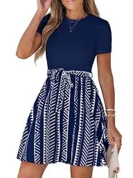 Produktbild: CUPSHE Damen-Minikleid, Geo-Print, Gürtel, Kombikleid, kurze Ärmel, Rundhalsausschnitt, lässige Sommerkleider, A-Linie, Cocktail, Marineblau, L