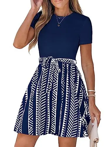 Produktbild: CUPSHE Damen-Minikleid, Geo-Print, Gürtel, Kombikleid, kurze Ärmel, Rundhalsausschnitt, lässige Sommerkleider, A-Linie, Cocktail, Marineblau, L