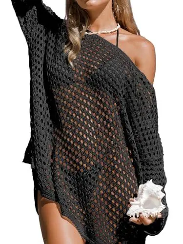 Produktbild: CUPSHE Damen-Pullover, gehäkelt, schulterfrei, lange Ärmel, Strandmode, Badeanzug, 2025, Schwarz, Large