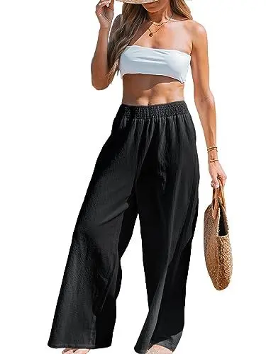 Produktbild: CUPSHE Damen-Strandhose, fließend, weites Bein, hohe Taille, gesmokt, Bademode, Überziehhose, Schwarz, S