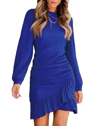 Produktbild: CUPSHE Damen-Strickkleid, gerüscht, Mini-Kleid, gesmokter Rüschensaum, Rundhalsausschnitt, langärmelig, figurbetont, lässig, Sommer, Herbst, Königsblau, Klein