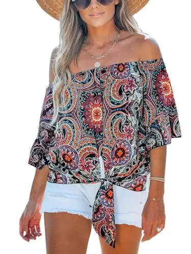Produktbild: CUPSHE Damen-Top, Boho-Stil, schulterfrei, Rüschenärmel, Bluse, kurzärmelig, lässig, Sommer, Paisley & Rot, XL