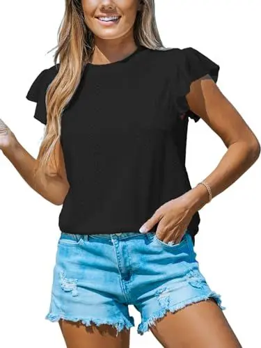 Produktbild: CUPSHE Damen-Top, Rundhalsausschnitt, gerüschte Ärmel, Ösen, Spitze, Ausschnitt, kurzärmelig, Blusen, locker, lässig, Sommerhemden, Schwarz , S