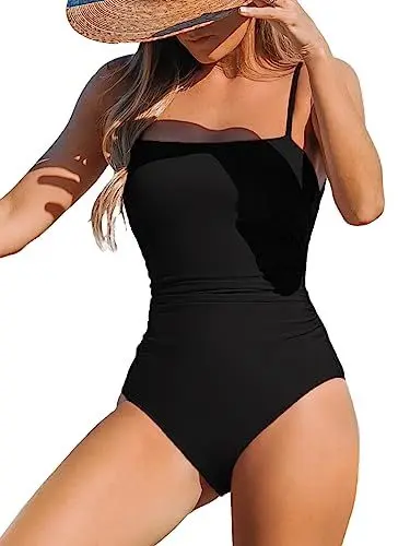 Produktbild: CUPSHE Damen Badeanzug Bandeau Bauchweg Raffung Quadratischer Ausschnitt Riemendesign Einteilige Bademode Swimsuit Schwarz XL