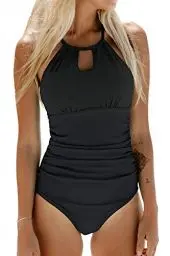 Produktbild: CUPSHE Damen Badeanzug High Neck Bademode Raffung Bauchweg Cut Out Einteilige Strandmode Swimsuit Schwarz XL
