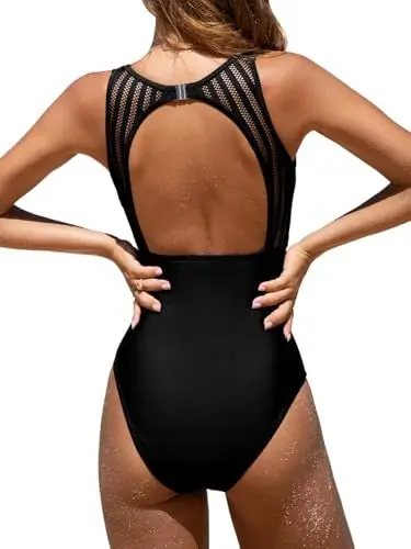 Produktbild: CUPSHE Damen Badeanzug High Neck Bauchweg Raffung Netzstoff Rückenfrei Elegant Einteilige Bademode Swimsuit Schwarz L