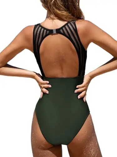 Produktbild: CUPSHE Damen Badeanzug High Neck Bauchweg Raffung Netzstoff Rückenfrei Elegant Einteilige Bademode Swimsuit Dunkelgrün XL