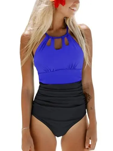 Produktbild: CUPSHE Damen Badeanzug High Neck Bauchweg Raffungen Strandmode Farbblock Zierausschnitt Einteilige Bademode Swimsuit Schwarz/Electric Blue XS