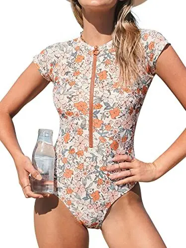 Produktbild: CUPSHE Damen Badeanzug High Neck Kurzarm Reißverschluss vorne Rash Guard Blümchenmuster Einteilige Bademode Swimsuit Orange M
