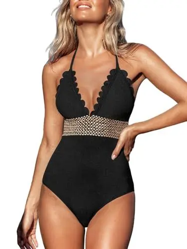 Produktbild: CUPSHE Damen Badeanzug Neckholder V Ausschnitt Wellenkante Rückenfrei Einteilige Bademode Swimsuit Schwarz M