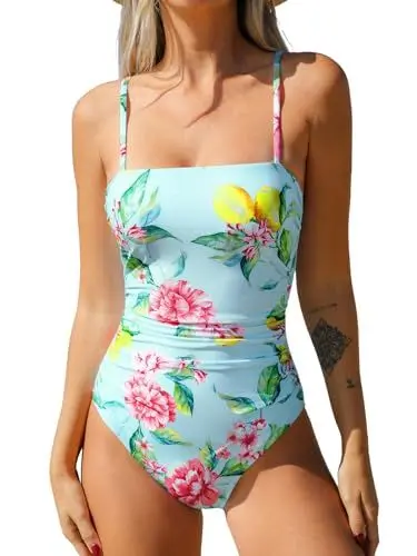 Produktbild: CUPSHE Damen Badeanzug Quadratischer Ausschnitt Bauchweg Raffungen Rückenausschnitt Blumenmuster Einteilige Bademode Swimsuit Blau/Rosa Blumenmuster M