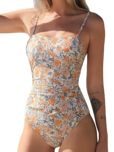 Produktbild: CUPSHE Damen Badeanzug Quadratischer Ausschnitt Bauchweg Raffungen Rückenausschnitt Blumenmuster Einteilige Bademode Swimsuit Cantaloupe Orange Ditsy M