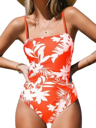 Produktbild: CUPSHE Damen Badeanzug Quadratischer Ausschnitt Bauchweg Raffungen Rückenausschnitt Blumenmuster Einteilige Bademode Swimsuit Orange Floral M