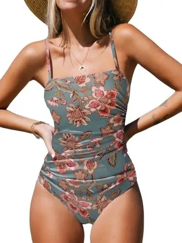 Produktbild: CUPSHE Damen Badeanzug Quadratischer Ausschnitt Bauchweg Raffungen Tiefer Rückenausschnitt Riemendetail Blumenmuster Einteilige Bademode Swimsuit Tannengrün/Rot M