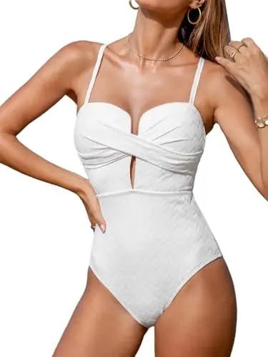 Produktbild: CUPSHE Damen Badeanzug Tiefer Ausschnitt Crossover Wickeloptik Geformte Cups Textur Einteilige Bademode Swimsuit Weiß L