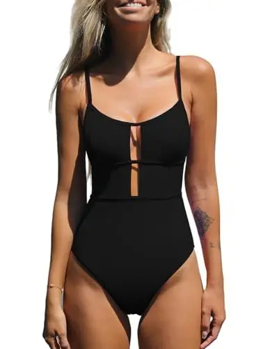 Produktbild: CUPSHE Damen Badeanzug U Ausschnitt Riemchen Zierausschnit Tiefer Rückenausschnitt Figurformend Einteilige Bademode Swimsuit Schwarz L