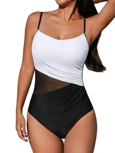 Produktbild: CUPSHE Damen Badeanzug U Ausschnitt Sheer Netzstoff Bauchweg Raffung Zierausschnitt Einteilige Bademode Swimsuit Schwarz/Weiß M