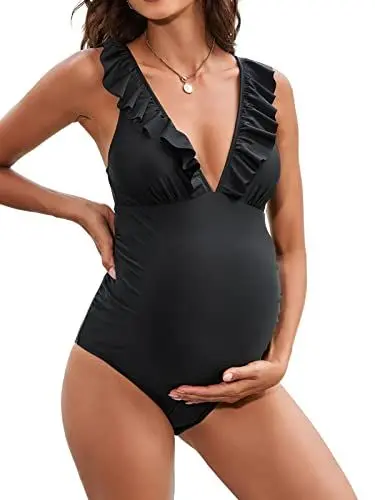 Produktbild: CUPSHE Damen Badeanzug Umstandsanzug Einteiler Badeanzug Rüschen Rüschen Tiefer V-Ausschnitt Rücken Schnürung Verstellbare Träger, grün, S