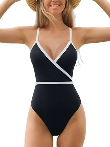 Produktbild: CUPSHE Damen Badeanzug V Auschnitt Wickeloptik Kontrastpaspeln Gerippte Textur Figurformend Einteilige Bademode Swimsuit Schwarz/Weiß M