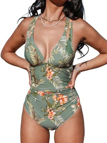 Produktbild: CUPSHE Damen Badeanzug V Ausschnitt Bauchweg Cutouts Doppelte Träger Überkreuzte Rückenbindung Blumenmuster Einteilige Bademode Swimsuit Olivgrün/Tropisch L