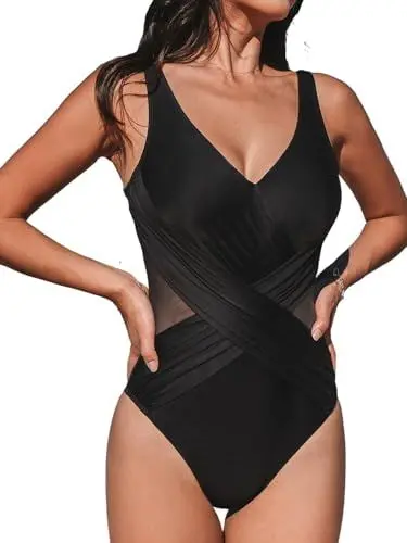 Produktbild: CUPSHE Damen Badeanzug V Ausschnitt Crossover Bauchweg Raffung Sheer Netzstoff Cutouts Einteilige Bademode Swimsuit Schwarz XL