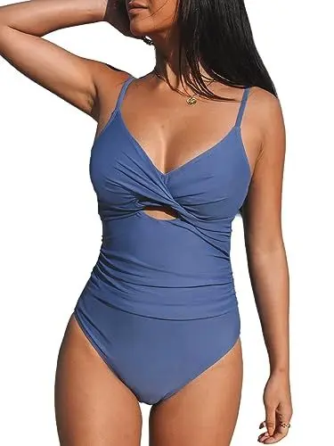 Produktbild: CUPSHE Damen Badeanzug V Ausschnitt Crossover Zierausschnitten Bauchweg Raffungen Einteilige Bademode Swimsuit Blau L