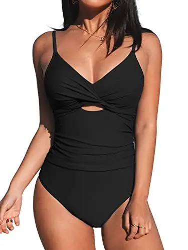 Produktbild: CUPSHE Damen Badeanzug V Ausschnitt Crossover Zierausschnitten Bauchweg Raffungen Einteilige Bademode Swimsuit Schwarz XL