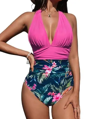 Produktbild: CUPSHE Damen Badeanzug V Ausschnitt Neckholder Bauchkontrolle Raffungen Tropical Print Figurformende Badeanzüge Große Größen Curvy Bademode Swimsuit Magenta/Blumen XXXL