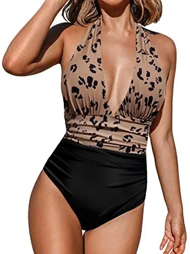 Produktbild: CUPSHE Damen Badeanzug V Ausschnitt Neckholder Bauchweg Monokini Rückenfrei Elegant Geraffte Bauchkontrolle Einteilige Bademode Swimsuit Mehrfarbig M