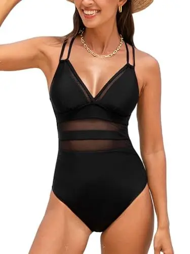 Produktbild: CUPSHE Damen Badeanzug V Ausschnitt Netzstoff Zierausschnitte Doppelträger Strandmode Einteilige Bademode Swimsuit Schwarz S