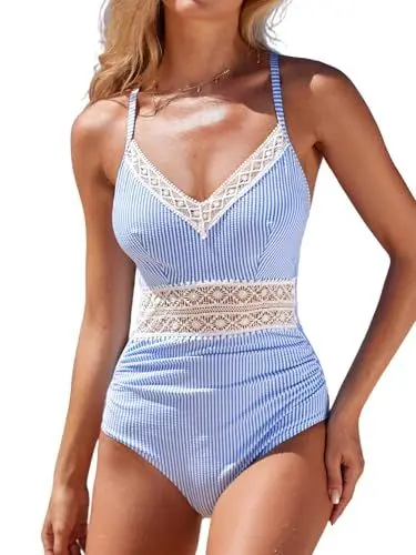 Produktbild: CUPSHE Damen Badeanzug V Ausschnitt Spitze Bauchweg Raffung Tiefer rücken Streifenmuster Einteilige Bademode Swimsuit Blau/Weiß L