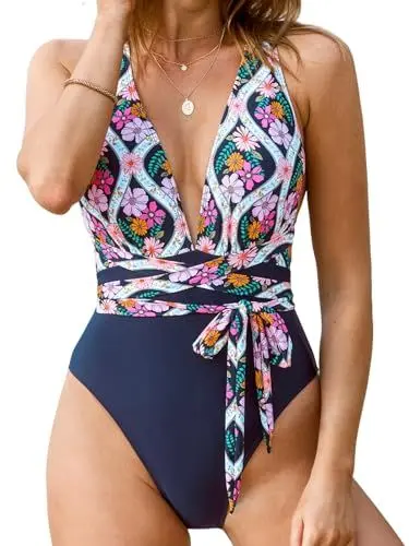 Produktbild: CUPSHE Damen Badeanzug V Ausschnitt Tiefer Rückenausschnitt Selbstbindung Monokini Einteilige Bademode Swimsuit Marineblau/Rosa mit Blumenmuster XL