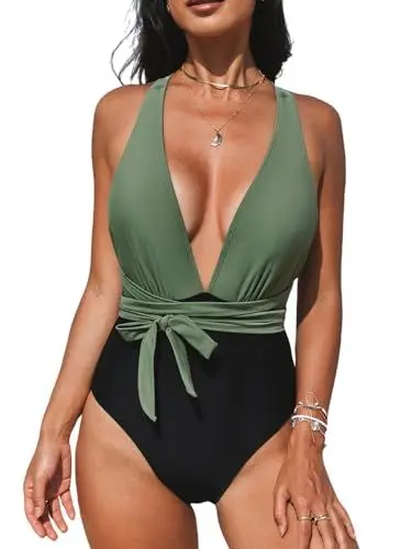 Produktbild: CUPSHE Damen Badeanzug V Ausschnitt Tiefer Rückenausschnitt Selbstbindung Monokini Farbblock Einteilige Bademode Swimsuit Grün/Schwarz L