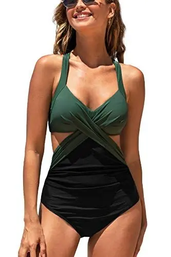 Produktbild: CUPSHE Damen Badeanzug Wickel Push Up Bademode Raffung Bauchweg Cut Out Einteilige Strandmode Swimsuit Grün/Schwarz M