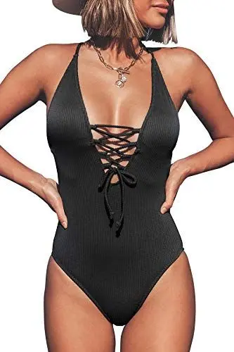 Produktbild: CUPSHE Damen Badeanzug mit tiefem Ausschnitt Lace Up Gerippte Einteilige Bademode Swimsuit Schwarz M