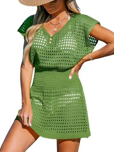 Produktbild: CUPSHE Damen-Bademode, gehäkelt, Minikleid, V-Ausschnitt, Strandmode, kurzärmelig, Sommer 2024, Grasgrün, XL