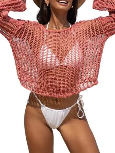 Produktbild: CUPSHE Damen Bikini Cover Up Beachwear Crop Top Rundhals Langarm Häkelstrick Hollow Out Strandponcho Beach Cover Ups Weiches Rot XL