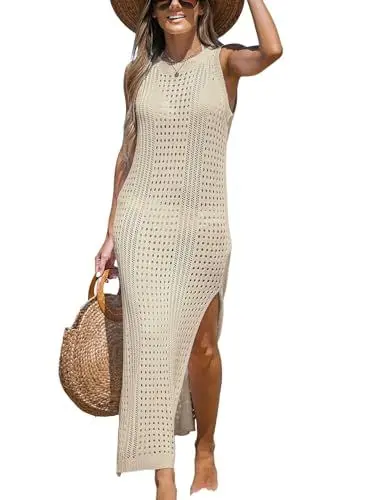 Produktbild: CUPSHE Damen Bikini Cover Up Crochet Bodycon Strandkleid Rundhals Ärmellos Strandponcho Sommer Beach Maxi Dress Beige M