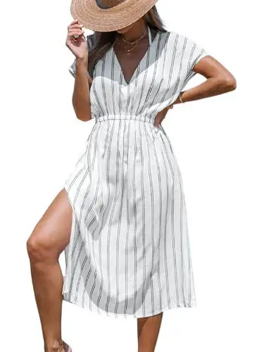 Produktbild: CUPSHE Damen Bikini Cover Up V-Ausschnitt Strandkleid Kurzarm Streifen Seitenschlitz Elastikbund Sommer Strandkleid Beach Midi Dress