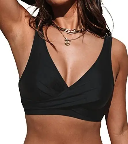 Produktbild: CUPSHE Damen Bikini Oberteil V Ausschnitt Wickeloptik Lace Up Bademode Breite Träger Bikini Top Schwarz M