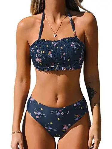 Produktbild: CUPSHE Damen Bikini Set Neckholder Bandeau Rüschen Abnehmbare Träger Blumenmuster Gesmokte Bademode Zweiteiliger Badeanzug Swimsuit Navy Floral L